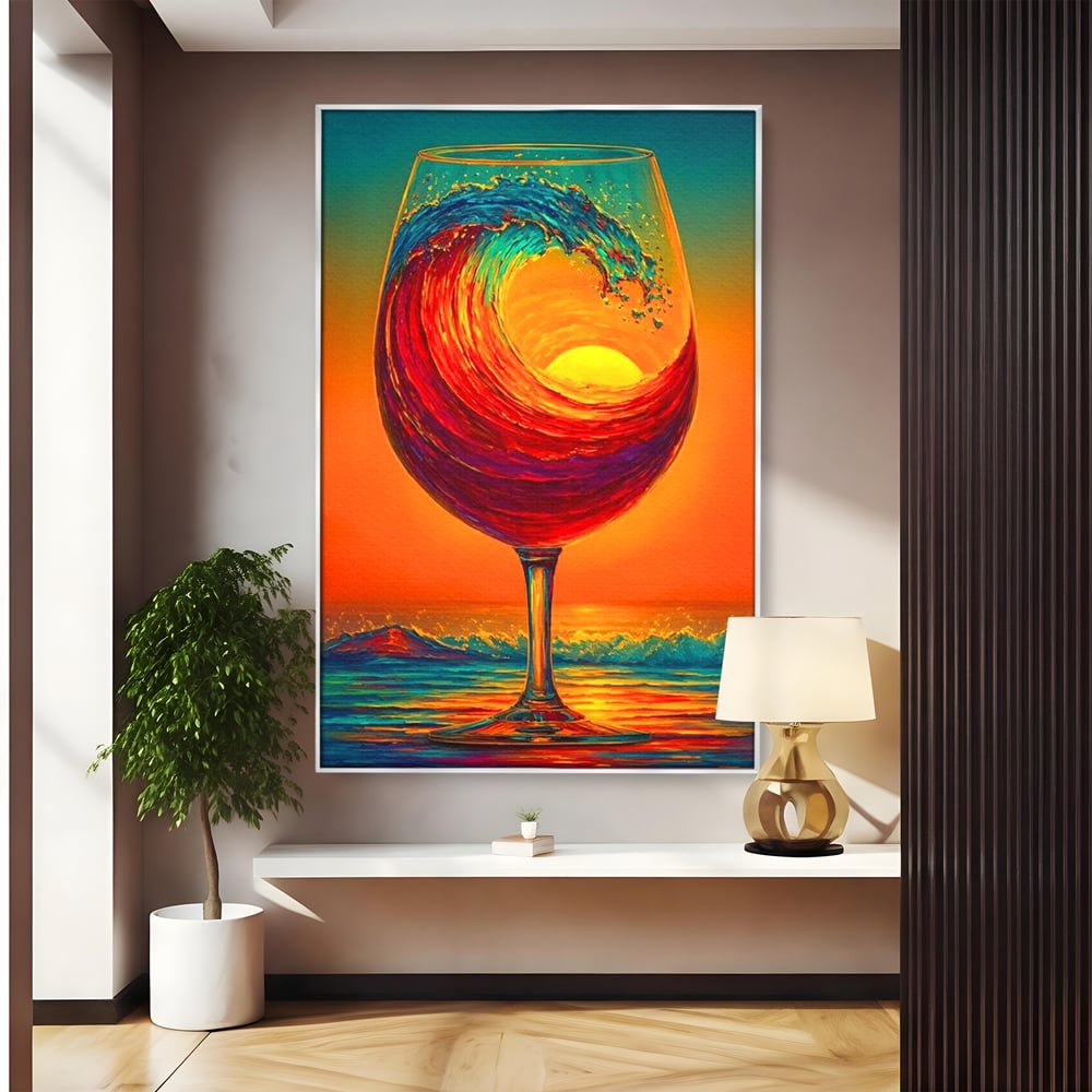 Tablou Canvas Premium, LuxCanva® N1002, Valul de Foc, Vin Rosu, Bautura, Pahar, Apus, Soare, Valuri, Apa, Mare, Exotic, Lounge, Bar, Restaurant, Bucatarie