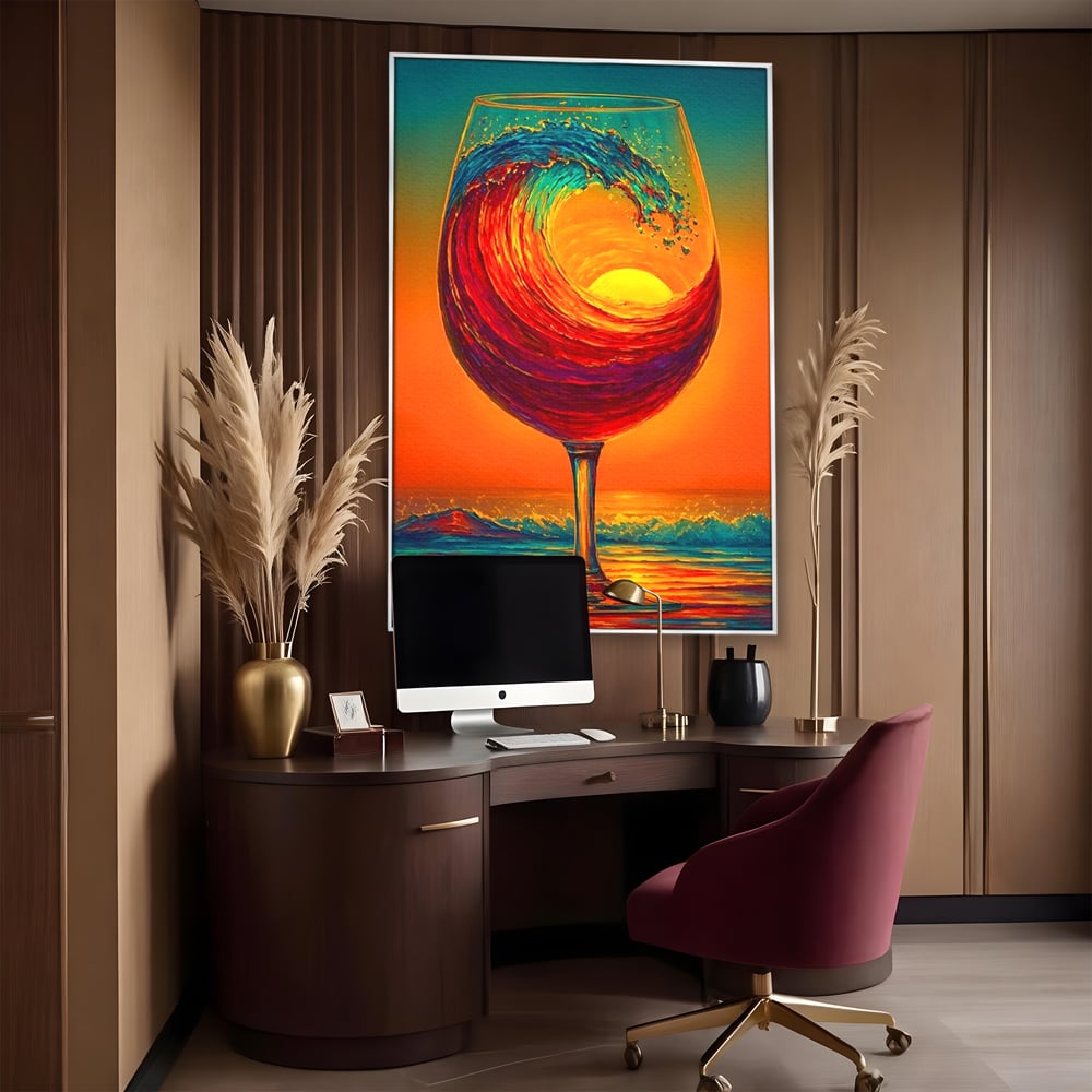 Tablou Canvas Premium, LuxCanva® N1002, Valul de Foc, Vin Rosu, Bautura, Pahar, Apus, Soare, Valuri, Apa, Mare, Exotic, Lounge, Bar, Restaurant, Bucatarie