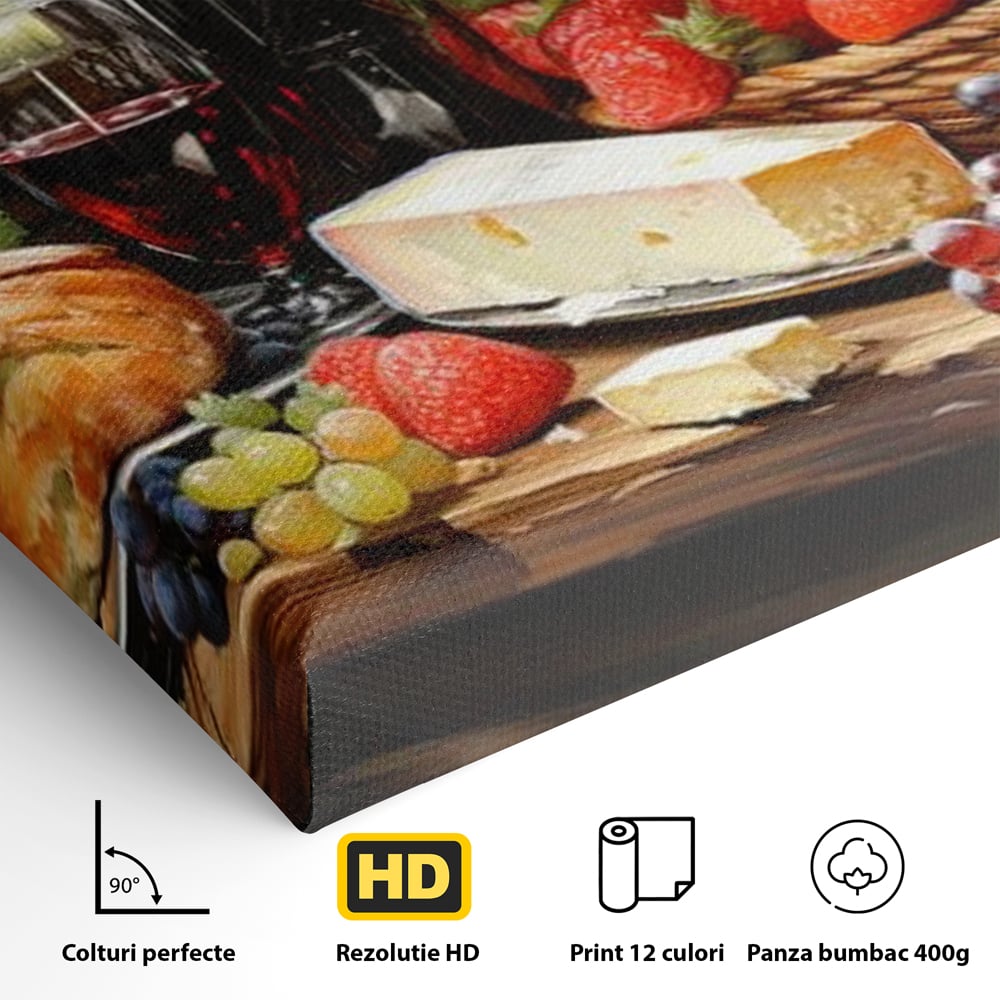 Leinwand Premium Canvas Wandbilder, LuxCanva® N1003, Ritual des Geschmacks, Käse, Obst, Brot, Rotwein, Flasche, Glas, rustikal, traditionell, rustikal, traditionell, Tisch, Restaurant, Küche