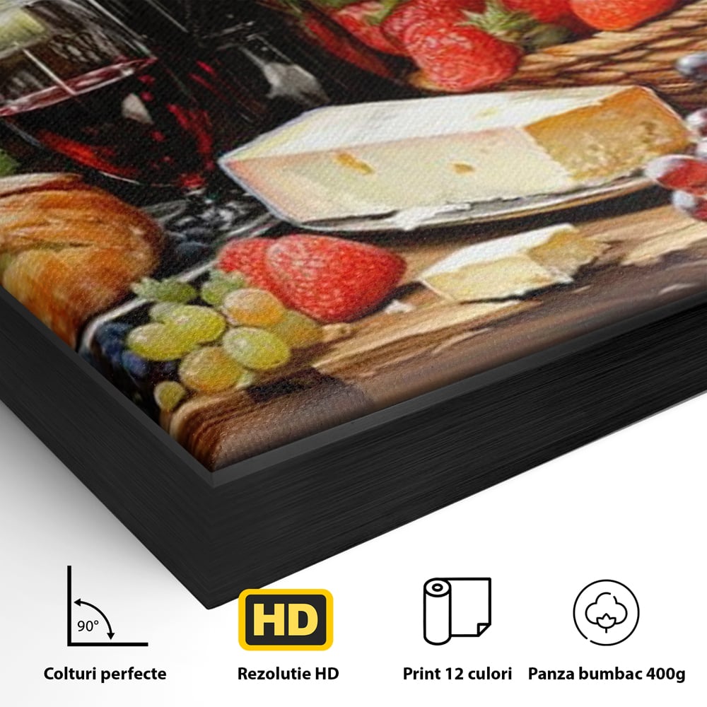 Leinwand Premium Canvas Wandbilder, LuxCanva® N1003, Ritual des Geschmacks, Käse, Obst, Brot, Rotwein, Flasche, Glas, rustikal, traditionell, rustikal, traditionell, Tisch, Restaurant, Küche