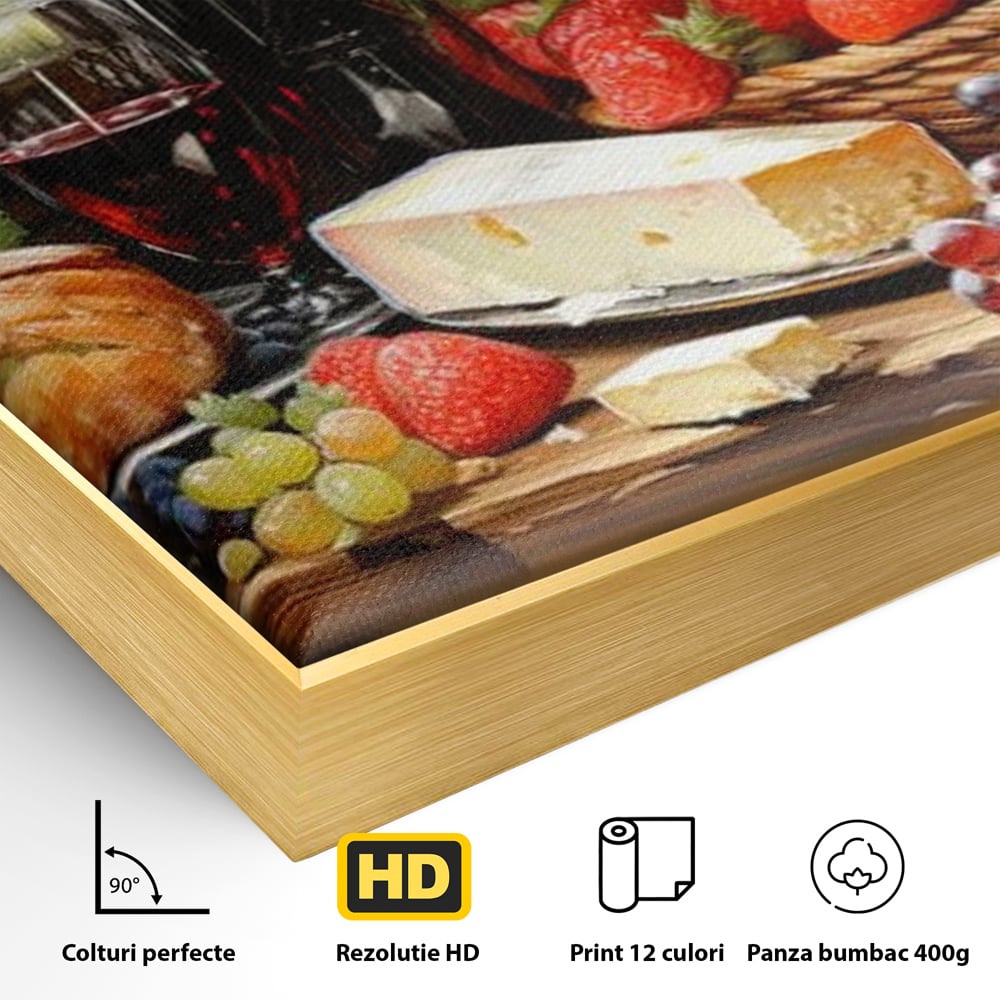 Leinwand Premium Canvas Wandbilder, LuxCanva® N1003, Ritual des Geschmacks, Käse, Obst, Brot, Rotwein, Flasche, Glas, rustikal, traditionell, rustikal, traditionell, Tisch, Restaurant, Küche