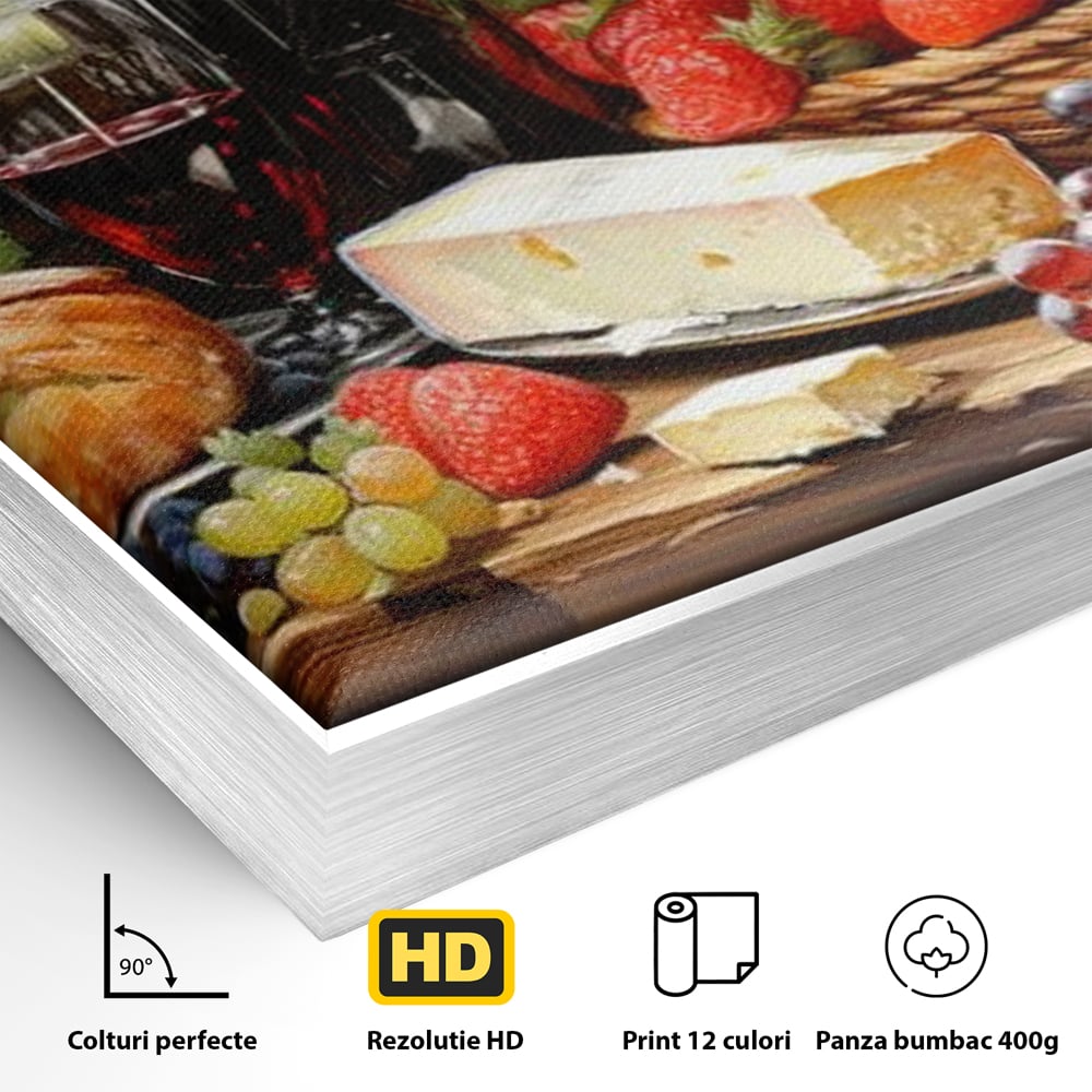 Leinwand Premium Canvas Wandbilder, LuxCanva® N1003, Ritual des Geschmacks, Käse, Obst, Brot, Rotwein, Flasche, Glas, rustikal, traditionell, rustikal, traditionell, Tisch, Restaurant, Küche