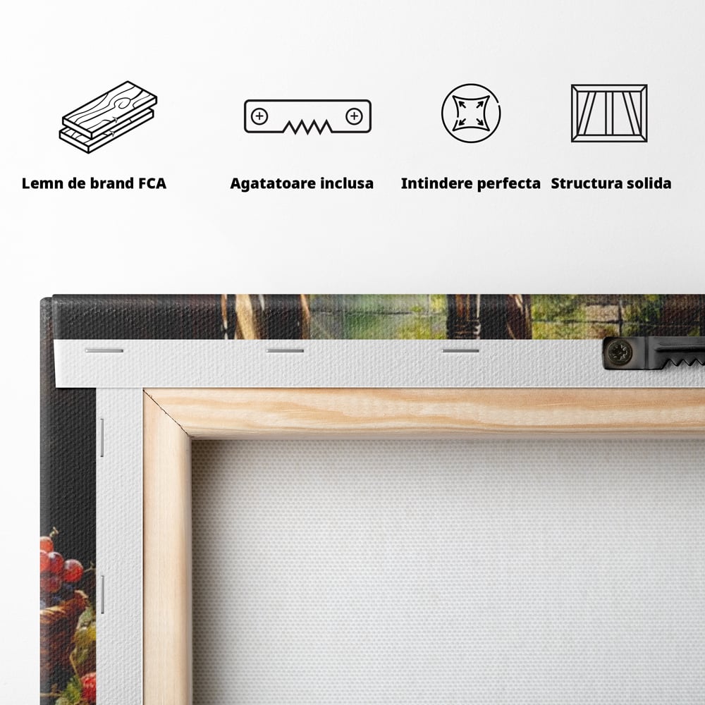 Leinwand Premium Canvas Wandbilder, LuxCanva® N1003, Ritual des Geschmacks, Käse, Obst, Brot, Rotwein, Flasche, Glas, rustikal, traditionell, rustikal, traditionell, Tisch, Restaurant, Küche