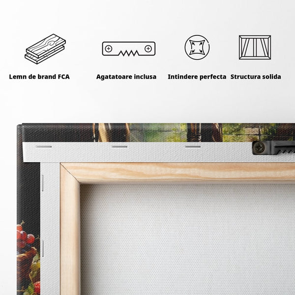 Leinwand Premium Canvas Wandbilder, LuxCanva® N1003, Ritual des Geschmacks, Käse, Obst, Brot, Rotwein, Flasche, Glas, rustikal, traditionell, rustikal, traditionell, Tisch, Restaurant, Küche