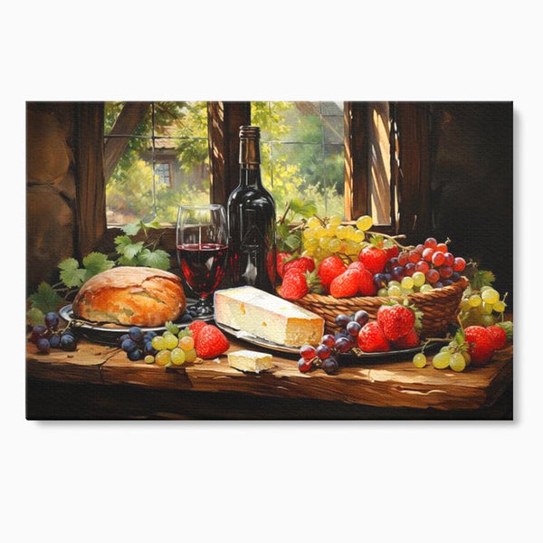 Leinwand Premium Canvas Wandbilder, LuxCanva® N1003, Ritual des Geschmacks, Käse, Obst, Brot, Rotwein, Flasche, Glas, rustikal, traditionell, rustikal, traditionell, Tisch, Restaurant, Küche