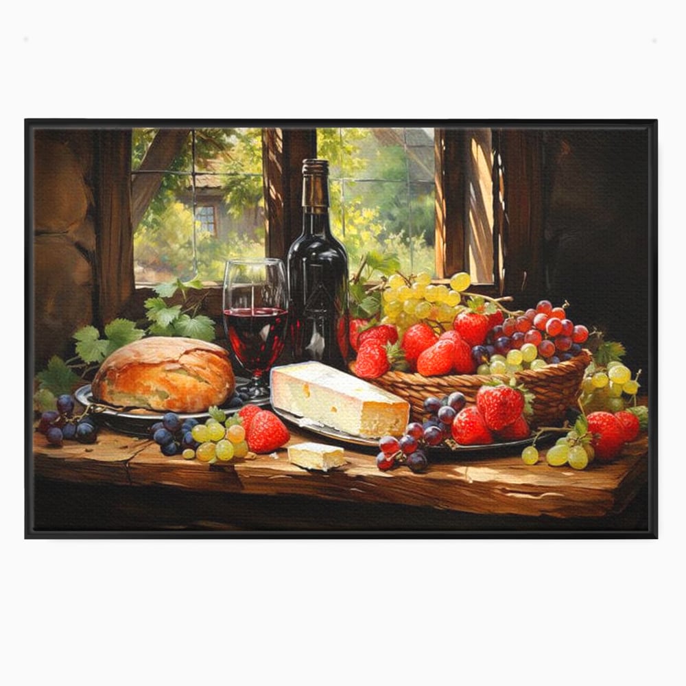 Leinwand Premium Canvas Wandbilder, LuxCanva® N1003, Ritual des Geschmacks, Käse, Obst, Brot, Rotwein, Flasche, Glas, rustikal, traditionell, rustikal, traditionell, Tisch, Restaurant, Küche