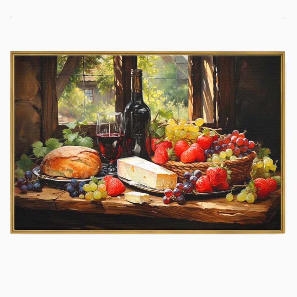 Leinwand Premium Canvas Wandbilder, LuxCanva® N1003, Ritual des Geschmacks, Käse, Obst, Brot, Rotwein, Flasche, Glas, rustikal, traditionell, rustikal, traditionell, Tisch, Restaurant, Küche