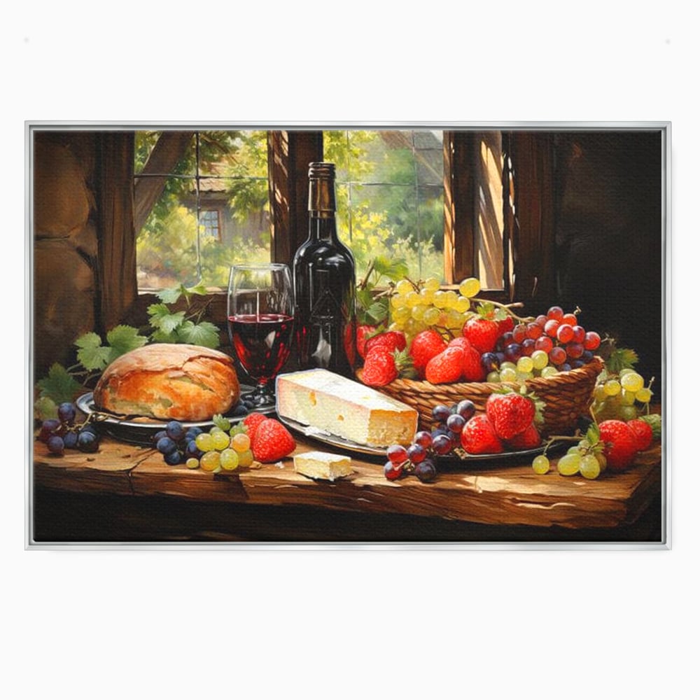 Leinwand Premium Canvas Wandbilder, LuxCanva® N1003, Ritual des Geschmacks, Käse, Obst, Brot, Rotwein, Flasche, Glas, rustikal, traditionell, rustikal, traditionell, Tisch, Restaurant, Küche