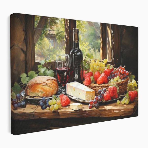 Leinwand Premium Canvas Wandbilder, LuxCanva® N1003, Ritual des Geschmacks, Käse, Obst, Brot, Rotwein, Flasche, Glas, rustikal, traditionell, rustikal, traditionell, Tisch, Restaurant, Küche