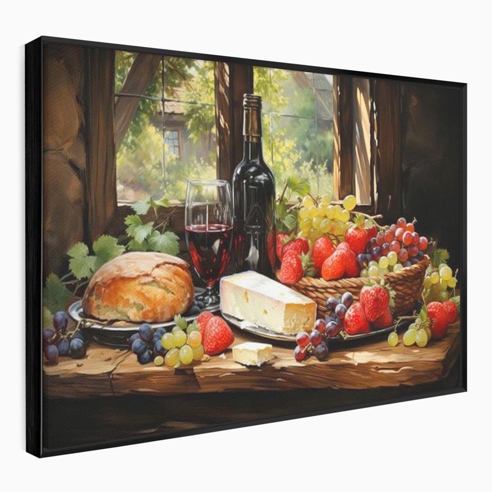 Leinwand Premium Canvas Wandbilder, LuxCanva® N1003, Ritual des Geschmacks, Käse, Obst, Brot, Rotwein, Flasche, Glas, rustikal, traditionell, rustikal, traditionell, Tisch, Restaurant, Küche