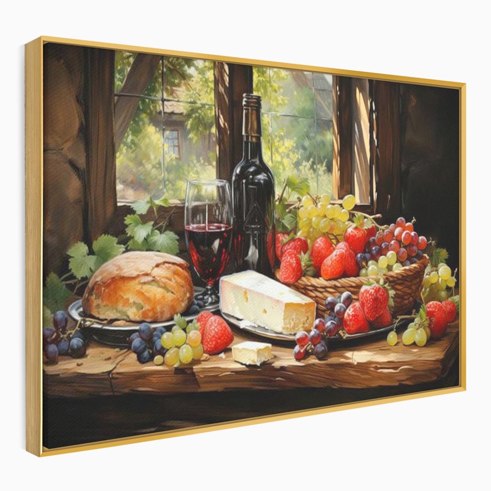 Leinwand Premium Canvas Wandbilder, LuxCanva® N1003, Ritual des Geschmacks, Käse, Obst, Brot, Rotwein, Flasche, Glas, rustikal, traditionell, rustikal, traditionell, Tisch, Restaurant, Küche