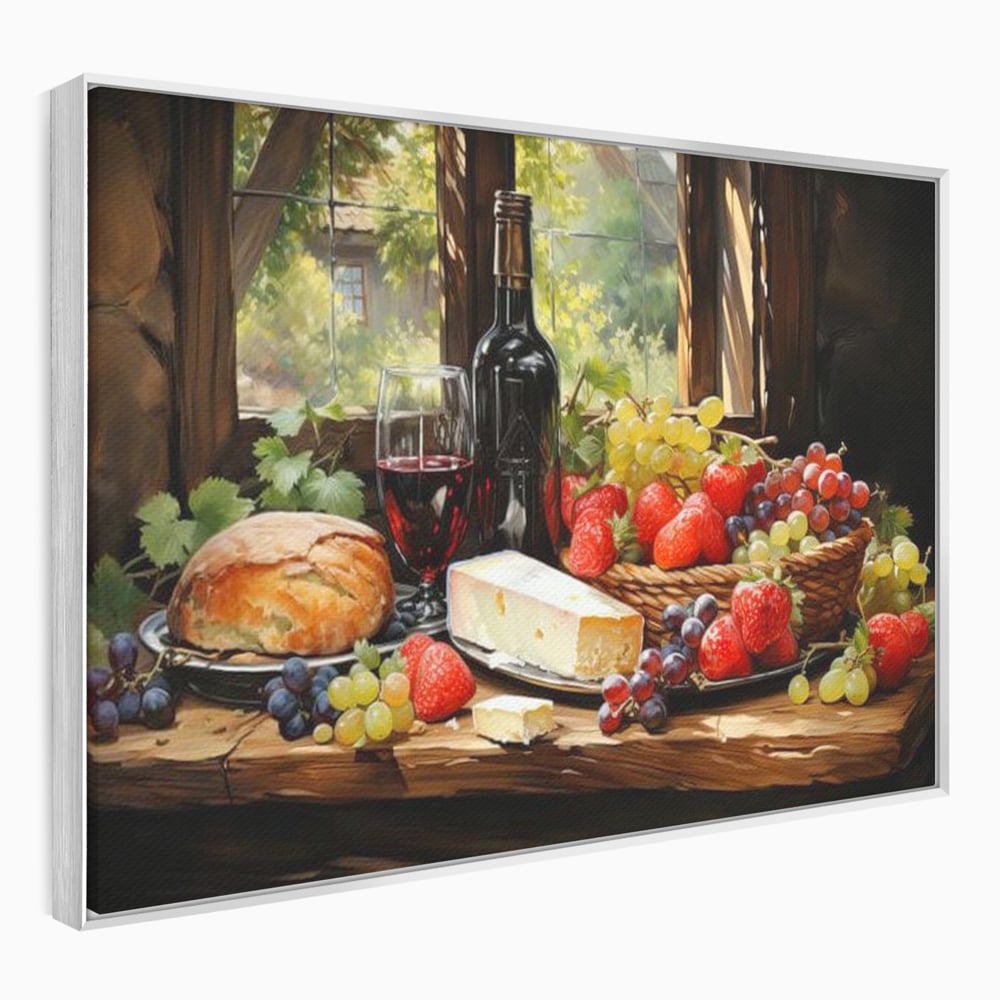 Leinwand Premium Canvas Wandbilder, LuxCanva® N1003, Ritual des Geschmacks, Käse, Obst, Brot, Rotwein, Flasche, Glas, rustikal, traditionell, rustikal, traditionell, Tisch, Restaurant, Küche