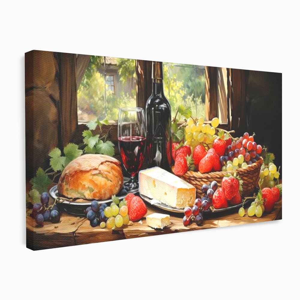 Leinwand Premium Canvas Wandbilder, LuxCanva® N1003, Ritual des Geschmacks, Käse, Obst, Brot, Rotwein, Flasche, Glas, rustikal, traditionell, rustikal, traditionell, Tisch, Restaurant, Küche