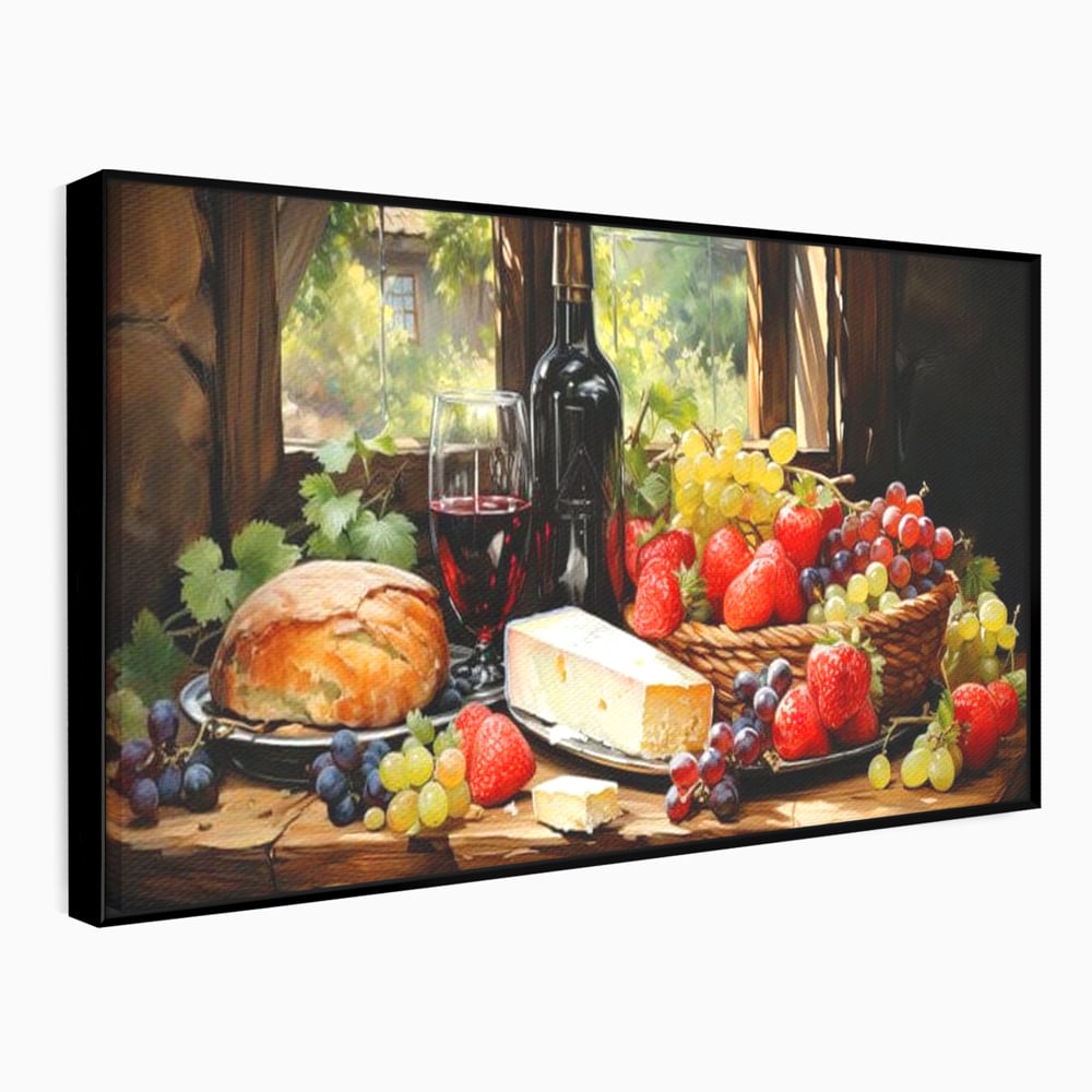 Leinwand Premium Canvas Wandbilder, LuxCanva® N1003, Ritual des Geschmacks, Käse, Obst, Brot, Rotwein, Flasche, Glas, rustikal, traditionell, rustikal, traditionell, Tisch, Restaurant, Küche