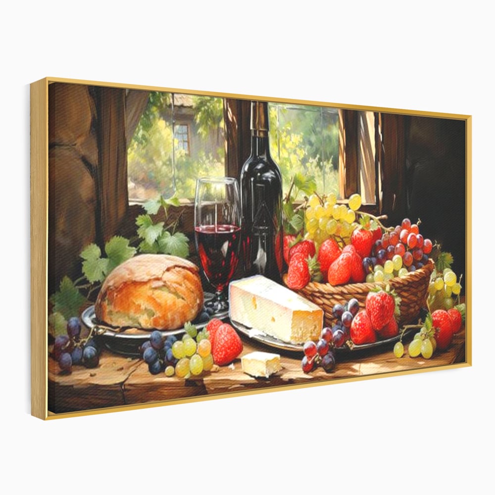 Leinwand Premium Canvas Wandbilder, LuxCanva® N1003, Ritual des Geschmacks, Käse, Obst, Brot, Rotwein, Flasche, Glas, rustikal, traditionell, rustikal, traditionell, Tisch, Restaurant, Küche