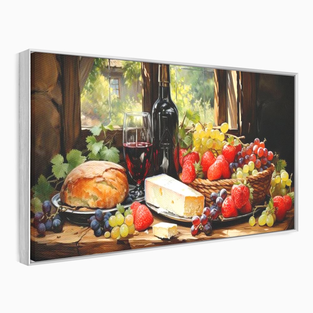 Leinwand Premium Canvas Wandbilder, LuxCanva® N1003, Ritual des Geschmacks, Käse, Obst, Brot, Rotwein, Flasche, Glas, rustikal, traditionell, rustikal, traditionell, Tisch, Restaurant, Küche