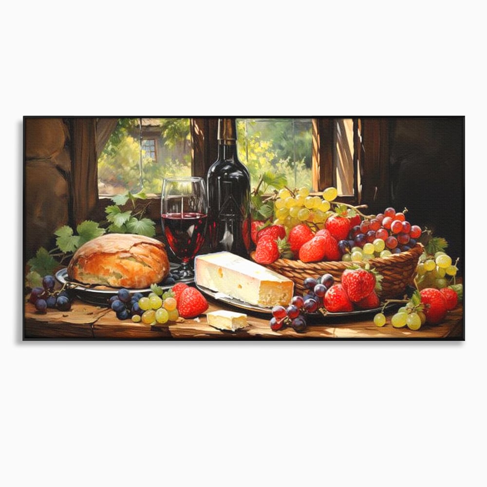 Leinwand Premium Canvas Wandbilder, LuxCanva® N1003, Ritual des Geschmacks, Käse, Obst, Brot, Rotwein, Flasche, Glas, rustikal, traditionell, rustikal, traditionell, Tisch, Restaurant, Küche