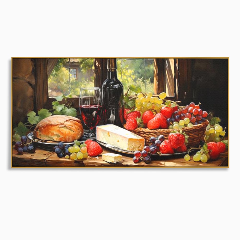 Leinwand Premium Canvas Wandbilder, LuxCanva® N1003, Ritual des Geschmacks, Käse, Obst, Brot, Rotwein, Flasche, Glas, rustikal, traditionell, rustikal, traditionell, Tisch, Restaurant, Küche