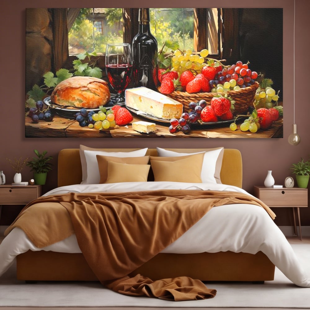 Leinwand Premium Canvas Wandbilder, LuxCanva® N1003, Ritual des Geschmacks, Käse, Obst, Brot, Rotwein, Flasche, Glas, rustikal, traditionell, rustikal, traditionell, Tisch, Restaurant, Küche