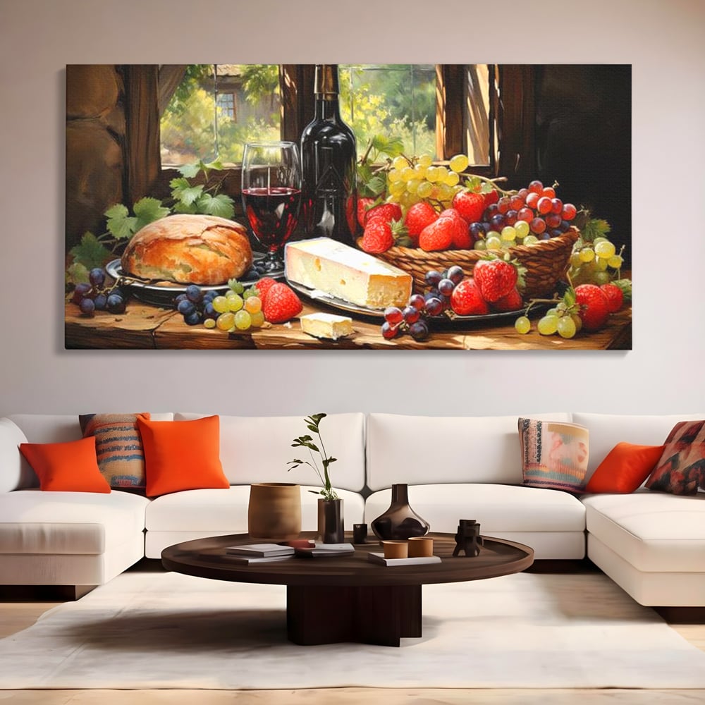 Leinwand Premium Canvas Wandbilder, LuxCanva® N1003, Ritual des Geschmacks, Käse, Obst, Brot, Rotwein, Flasche, Glas, rustikal, traditionell, rustikal, traditionell, Tisch, Restaurant, Küche