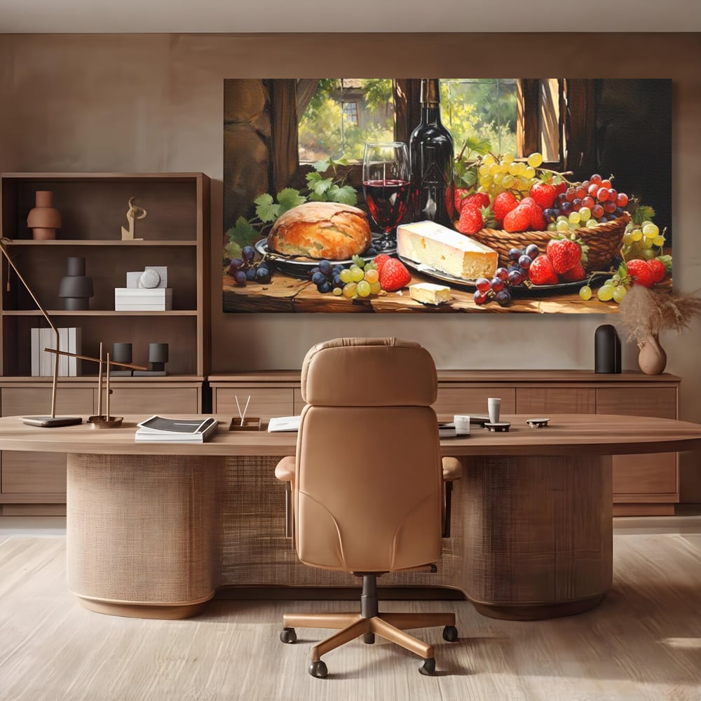 Leinwand Premium Canvas Wandbilder, LuxCanva® N1003, Ritual des Geschmacks, Käse, Obst, Brot, Rotwein, Flasche, Glas, rustikal, traditionell, rustikal, traditionell, Tisch, Restaurant, Küche
