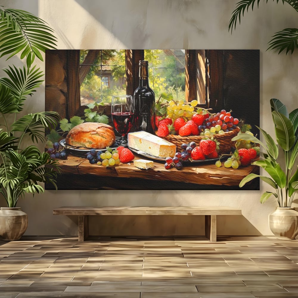Leinwand Premium Canvas Wandbilder, LuxCanva® N1003, Ritual des Geschmacks, Käse, Obst, Brot, Rotwein, Flasche, Glas, rustikal, traditionell, rustikal, traditionell, Tisch, Restaurant, Küche