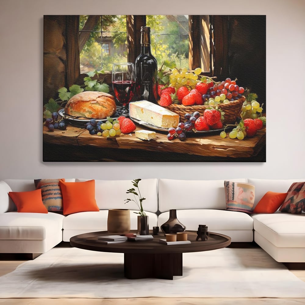 Leinwand Premium Canvas Wandbilder, LuxCanva® N1003, Ritual des Geschmacks, Käse, Obst, Brot, Rotwein, Flasche, Glas, rustikal, traditionell, rustikal, traditionell, Tisch, Restaurant, Küche