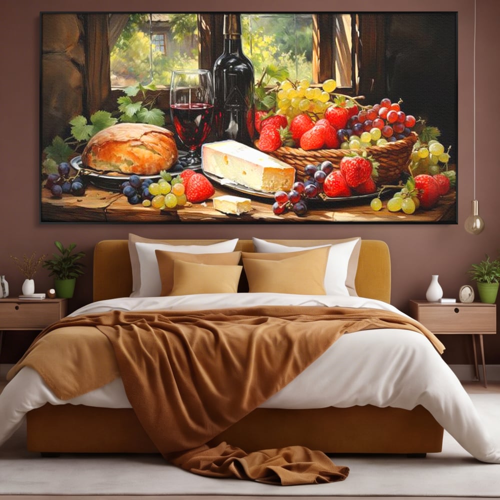 Leinwand Premium Canvas Wandbilder, LuxCanva® N1003, Ritual des Geschmacks, Käse, Obst, Brot, Rotwein, Flasche, Glas, rustikal, traditionell, rustikal, traditionell, Tisch, Restaurant, Küche
