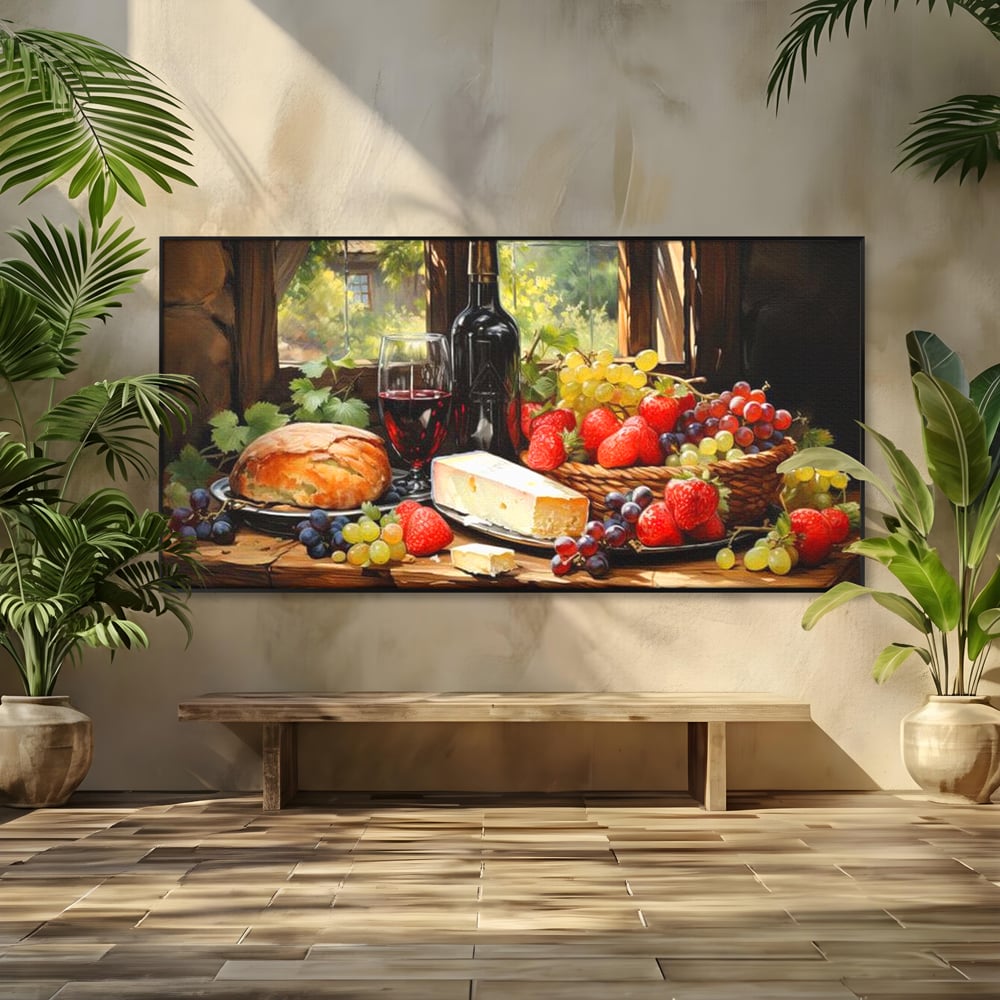 Leinwand Premium Canvas Wandbilder, LuxCanva® N1003, Ritual des Geschmacks, Käse, Obst, Brot, Rotwein, Flasche, Glas, rustikal, traditionell, rustikal, traditionell, Tisch, Restaurant, Küche