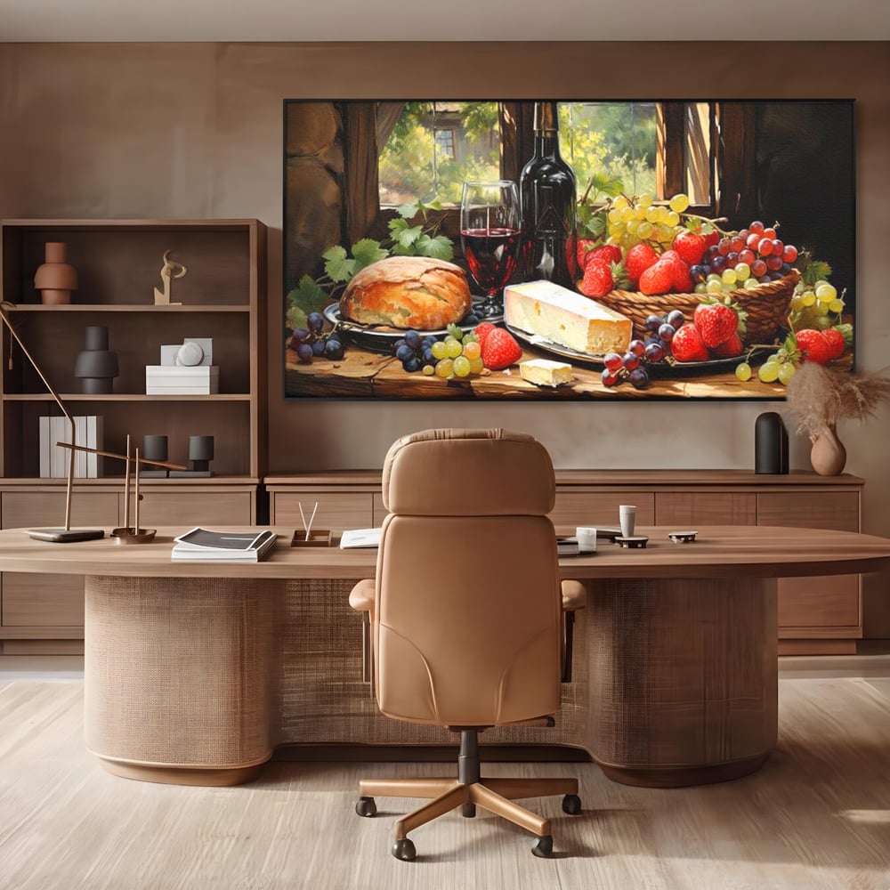 Leinwand Premium Canvas Wandbilder, LuxCanva® N1003, Ritual des Geschmacks, Käse, Obst, Brot, Rotwein, Flasche, Glas, rustikal, traditionell, rustikal, traditionell, Tisch, Restaurant, Küche