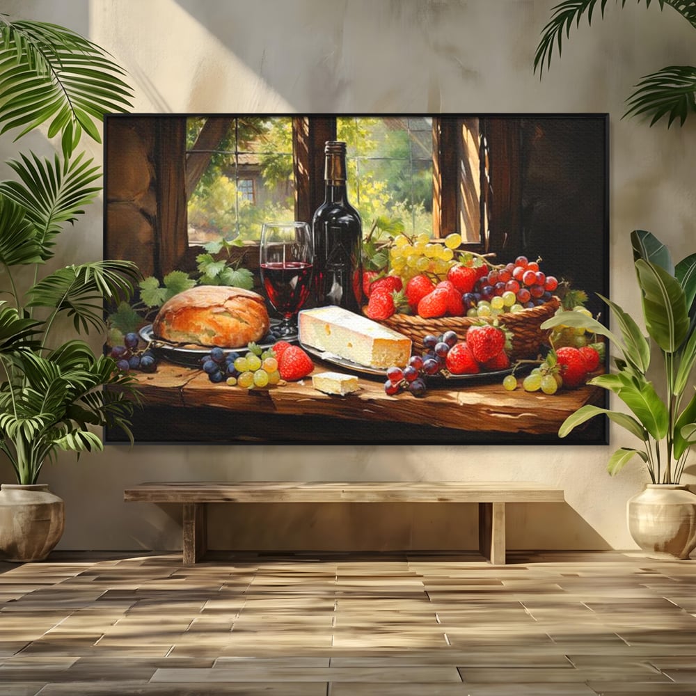 Leinwand Premium Canvas Wandbilder, LuxCanva® N1003, Ritual des Geschmacks, Käse, Obst, Brot, Rotwein, Flasche, Glas, rustikal, traditionell, rustikal, traditionell, Tisch, Restaurant, Küche