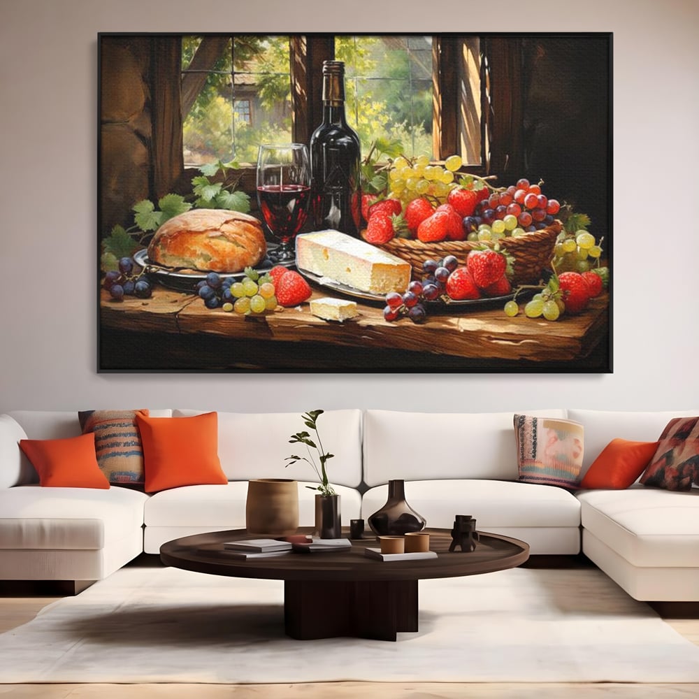 Leinwand Premium Canvas Wandbilder, LuxCanva® N1003, Ritual des Geschmacks, Käse, Obst, Brot, Rotwein, Flasche, Glas, rustikal, traditionell, rustikal, traditionell, Tisch, Restaurant, Küche