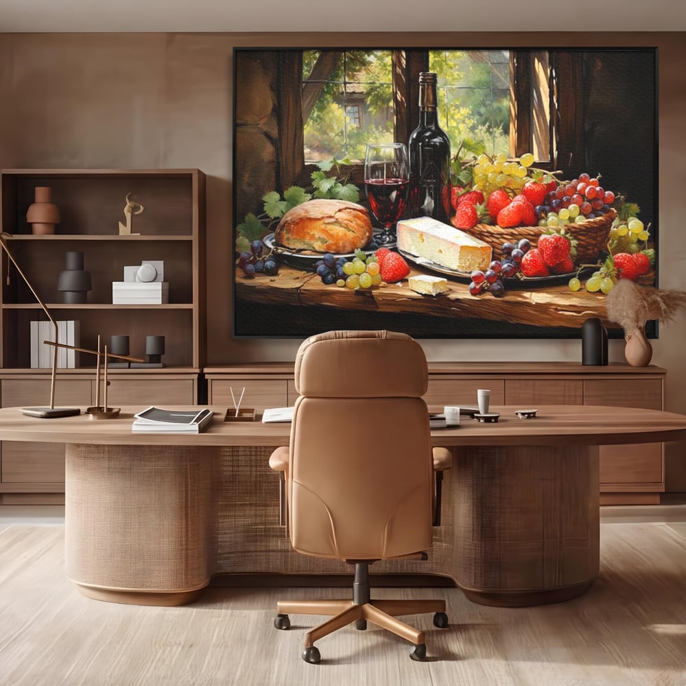 Leinwand Premium Canvas Wandbilder, LuxCanva® N1003, Ritual des Geschmacks, Käse, Obst, Brot, Rotwein, Flasche, Glas, rustikal, traditionell, rustikal, traditionell, Tisch, Restaurant, Küche