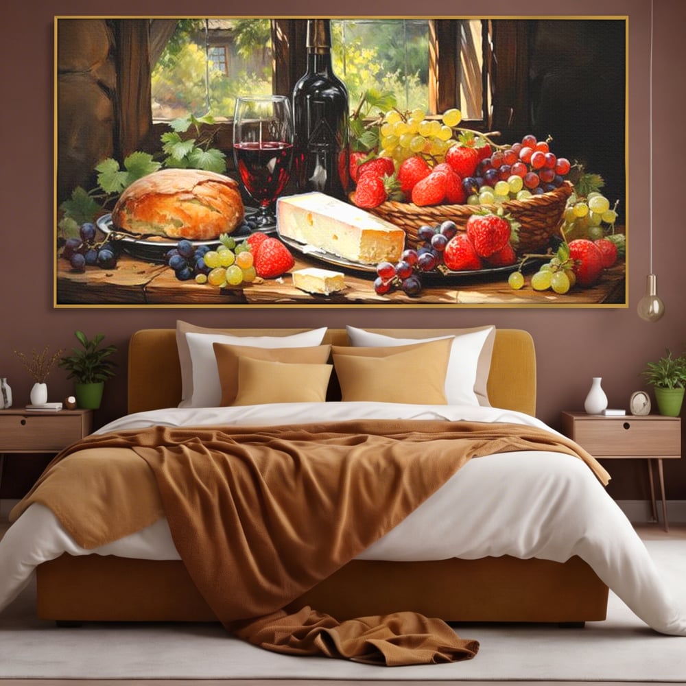 Leinwand Premium Canvas Wandbilder, LuxCanva® N1003, Ritual des Geschmacks, Käse, Obst, Brot, Rotwein, Flasche, Glas, rustikal, traditionell, rustikal, traditionell, Tisch, Restaurant, Küche