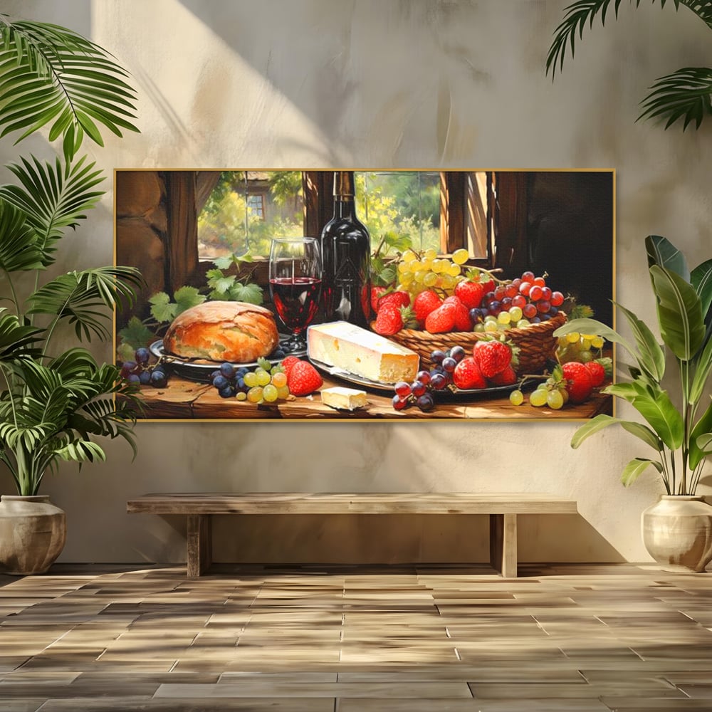 Leinwand Premium Canvas Wandbilder, LuxCanva® N1003, Ritual des Geschmacks, Käse, Obst, Brot, Rotwein, Flasche, Glas, rustikal, traditionell, rustikal, traditionell, Tisch, Restaurant, Küche
