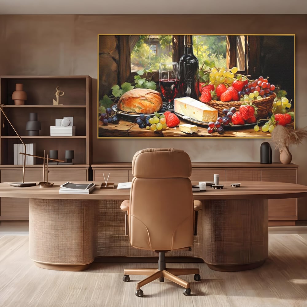 Leinwand Premium Canvas Wandbilder, LuxCanva® N1003, Ritual des Geschmacks, Käse, Obst, Brot, Rotwein, Flasche, Glas, rustikal, traditionell, rustikal, traditionell, Tisch, Restaurant, Küche