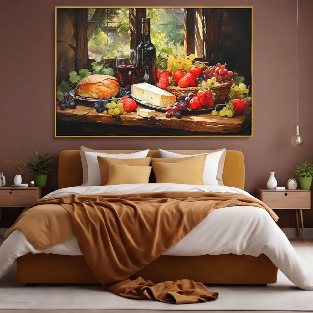 Leinwand Premium Canvas Wandbilder, LuxCanva® N1003, Ritual des Geschmacks, Käse, Obst, Brot, Rotwein, Flasche, Glas, rustikal, traditionell, rustikal, traditionell, Tisch, Restaurant, Küche