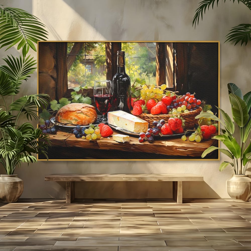 Leinwand Premium Canvas Wandbilder, LuxCanva® N1003, Ritual des Geschmacks, Käse, Obst, Brot, Rotwein, Flasche, Glas, rustikal, traditionell, rustikal, traditionell, Tisch, Restaurant, Küche