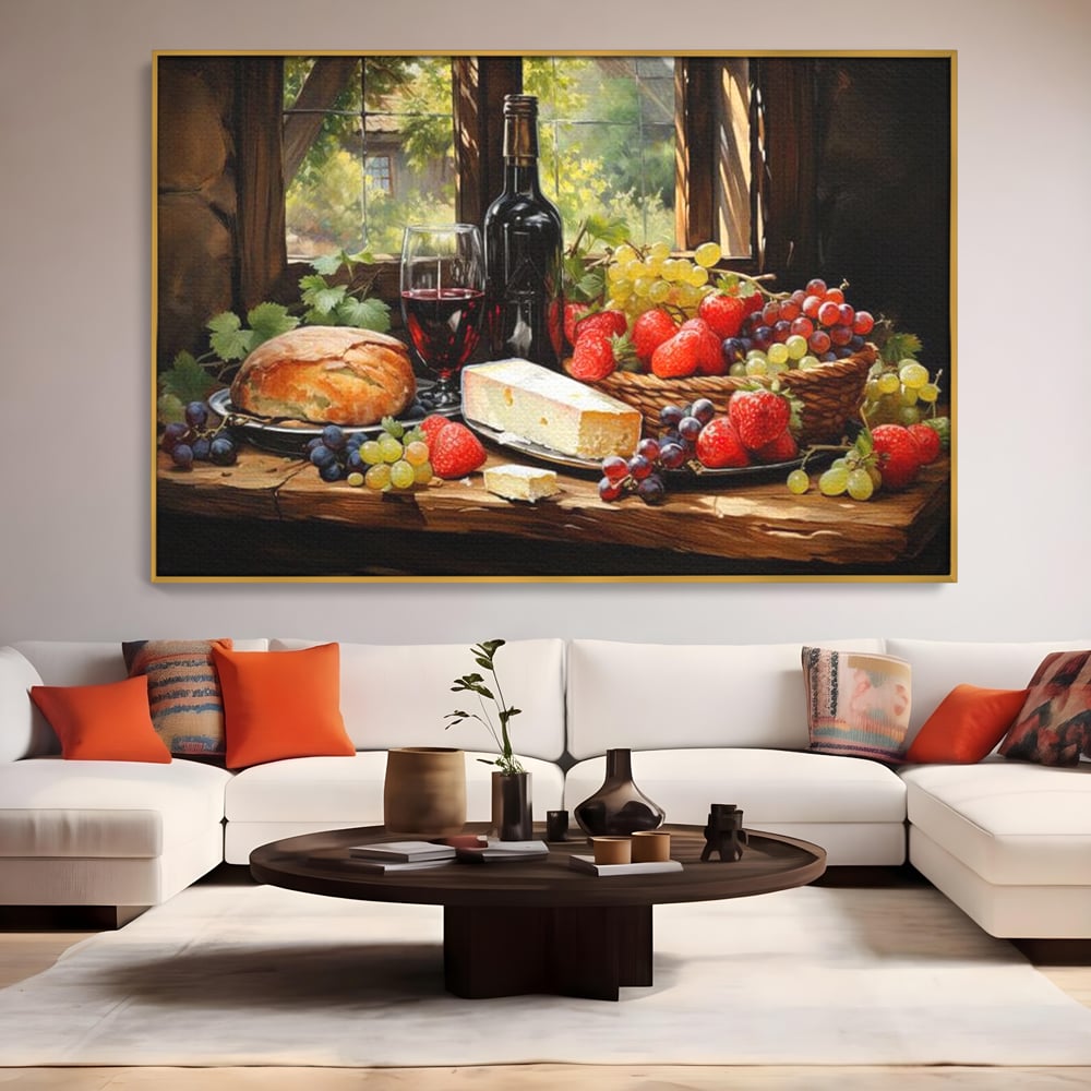 Leinwand Premium Canvas Wandbilder, LuxCanva® N1003, Ritual des Geschmacks, Käse, Obst, Brot, Rotwein, Flasche, Glas, rustikal, traditionell, rustikal, traditionell, Tisch, Restaurant, Küche