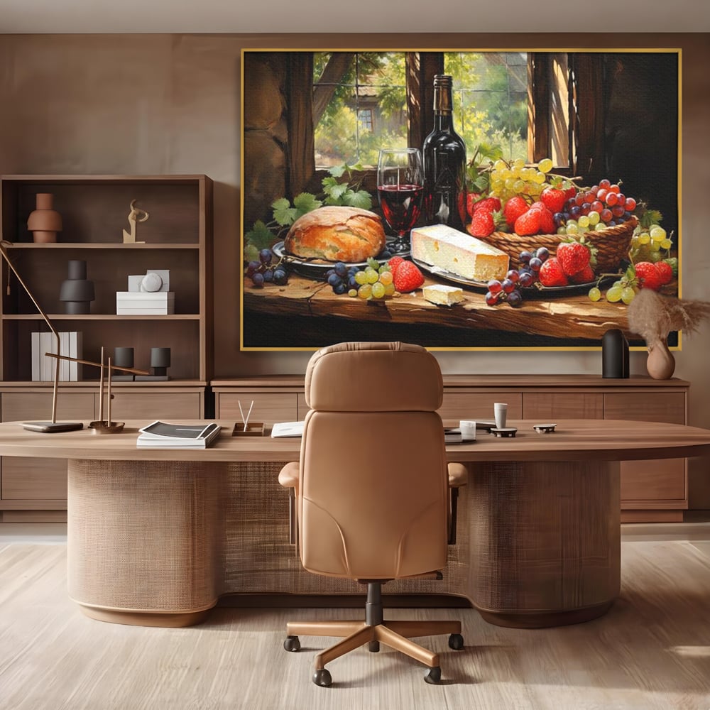 Leinwand Premium Canvas Wandbilder, LuxCanva® N1003, Ritual des Geschmacks, Käse, Obst, Brot, Rotwein, Flasche, Glas, rustikal, traditionell, rustikal, traditionell, Tisch, Restaurant, Küche