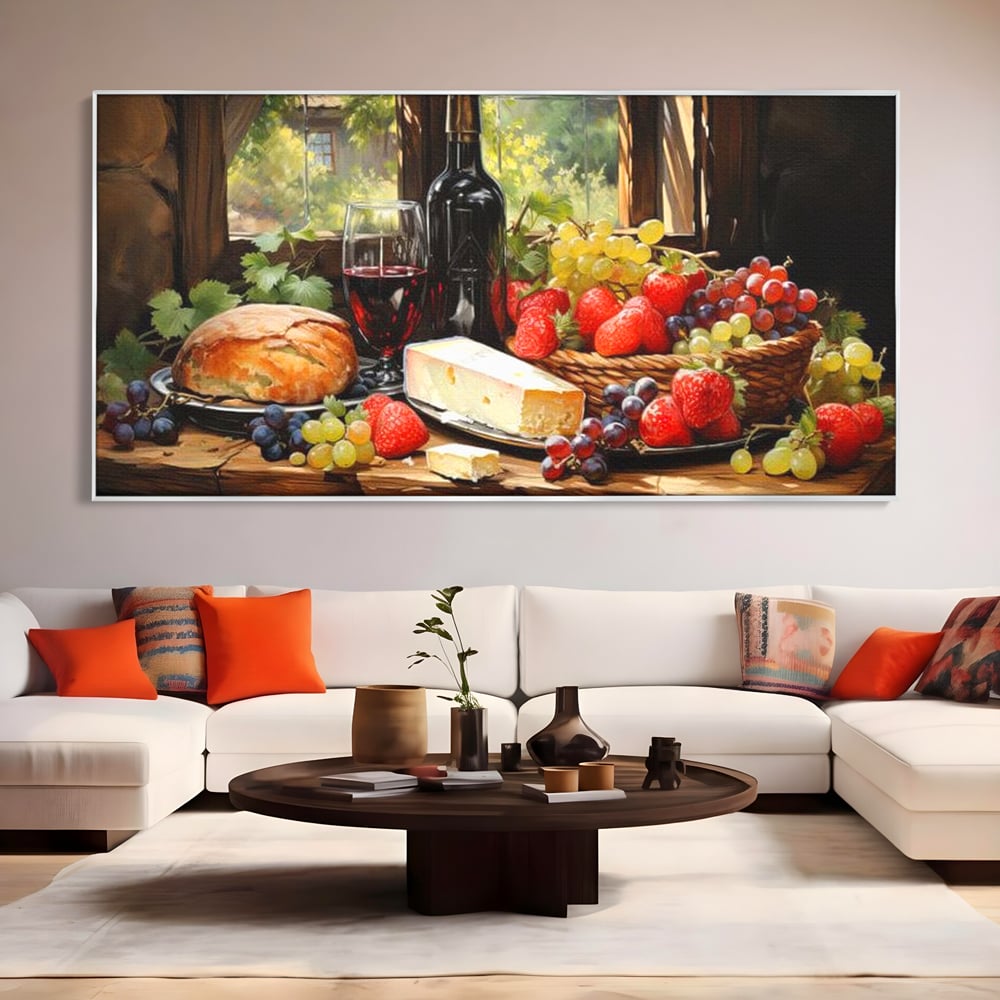Leinwand Premium Canvas Wandbilder, LuxCanva® N1003, Ritual des Geschmacks, Käse, Obst, Brot, Rotwein, Flasche, Glas, rustikal, traditionell, rustikal, traditionell, Tisch, Restaurant, Küche