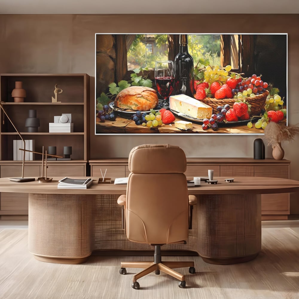 Leinwand Premium Canvas Wandbilder, LuxCanva® N1003, Ritual des Geschmacks, Käse, Obst, Brot, Rotwein, Flasche, Glas, rustikal, traditionell, rustikal, traditionell, Tisch, Restaurant, Küche