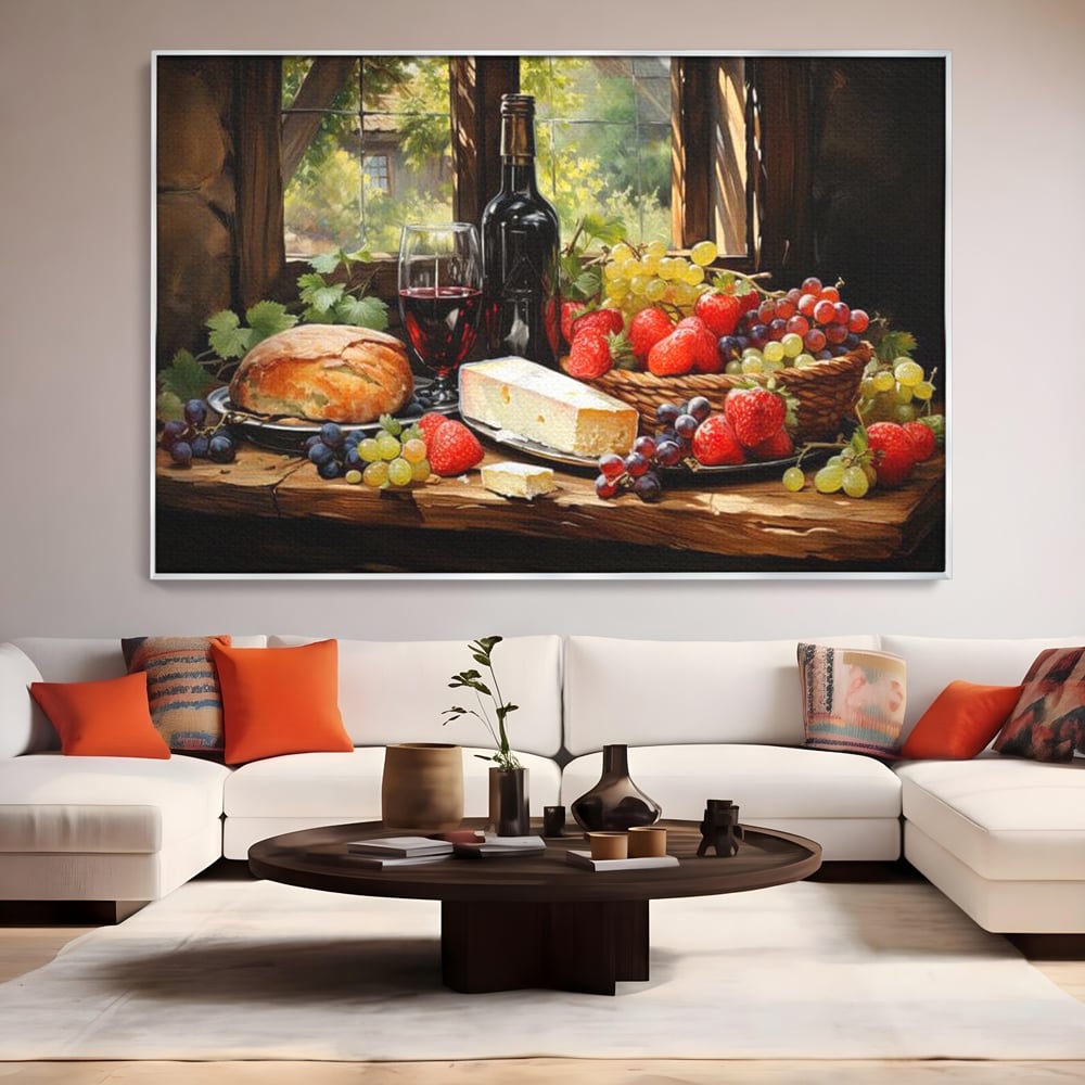 Leinwand Premium Canvas Wandbilder, LuxCanva® N1003, Ritual des Geschmacks, Käse, Obst, Brot, Rotwein, Flasche, Glas, rustikal, traditionell, rustikal, traditionell, Tisch, Restaurant, Küche