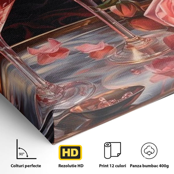 Tablou Canvas Premium, LuxCanva® N1004, Elixirul Pasiunii, Cocktail, Pahare, Bautura, Trandafiri, Petale, Romantic, Delicat, Rasfat, Elegant, Lounge, Bar, Restaurant, Bucatarie