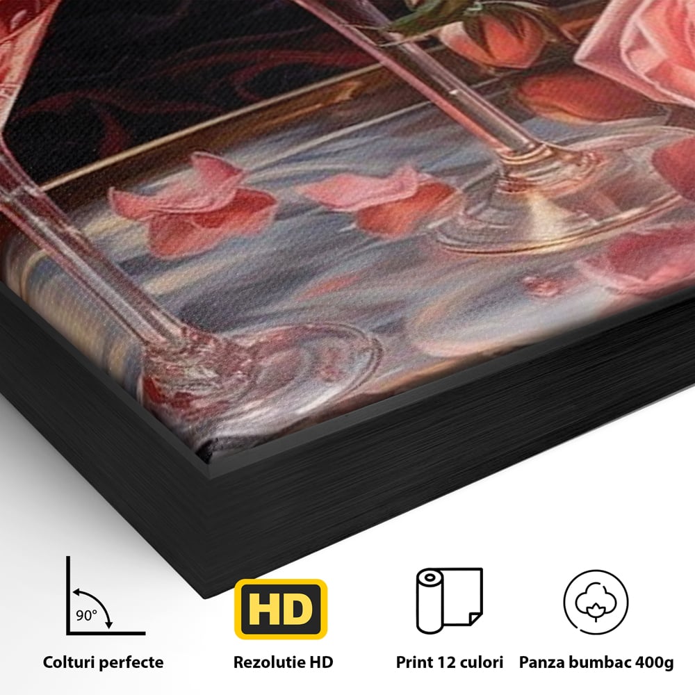 Tablou Canvas Premium, LuxCanva® N1004, Elixirul Pasiunii, Cocktail, Pahare, Bautura, Trandafiri, Petale, Romantic, Delicat, Rasfat, Elegant, Lounge, Bar, Restaurant, Bucatarie