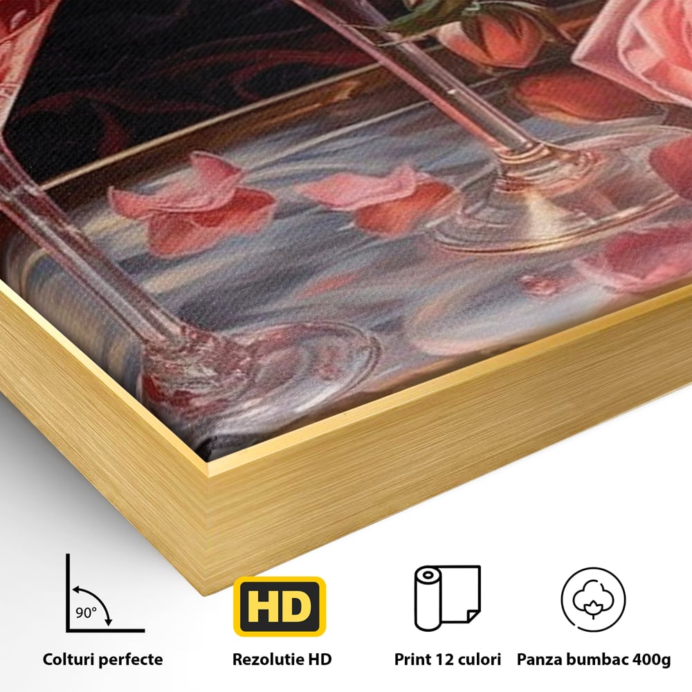 Tablou Canvas Premium, LuxCanva® N1004, Elixirul Pasiunii, Cocktail, Pahare, Bautura, Trandafiri, Petale, Romantic, Delicat, Rasfat, Elegant, Lounge, Bar, Restaurant, Bucatarie