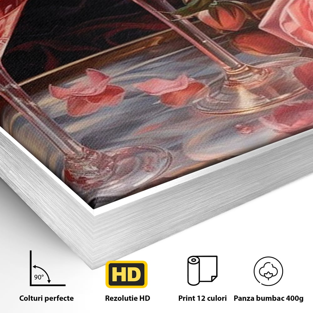 Tablou Canvas Premium, LuxCanva® N1004, Elixirul Pasiunii, Cocktail, Pahare, Bautura, Trandafiri, Petale, Romantic, Delicat, Rasfat, Elegant, Lounge, Bar, Restaurant, Bucatarie