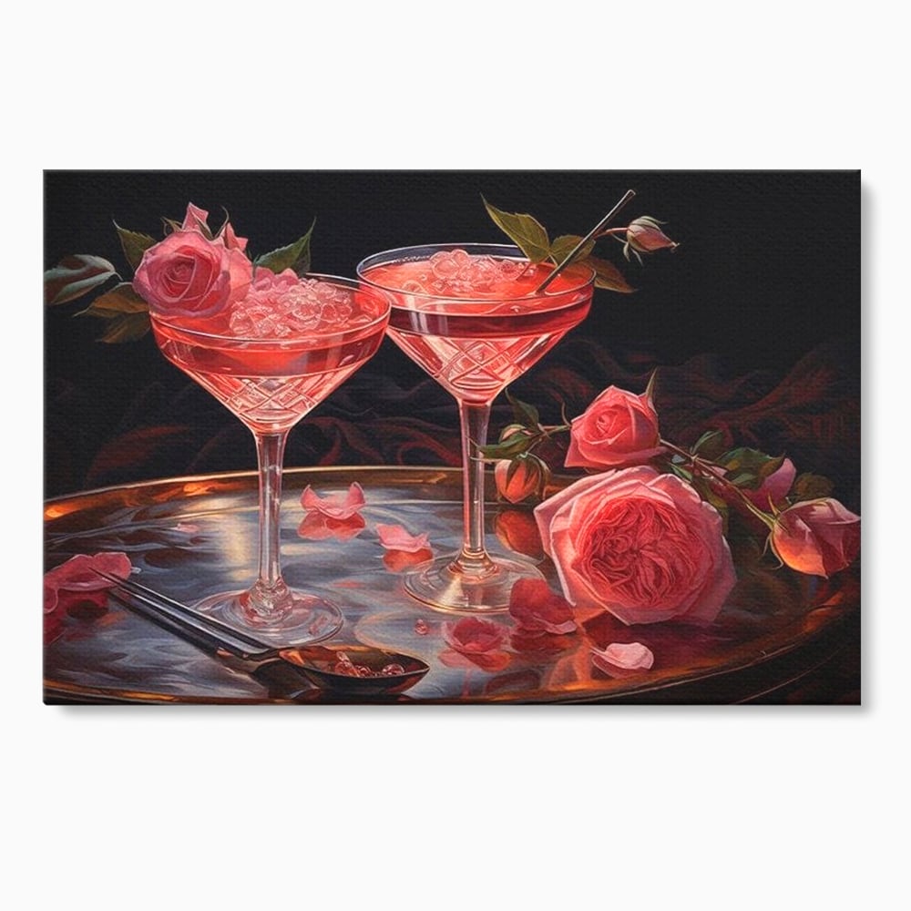 Tablou Canvas Premium, LuxCanva® N1004, Elixirul Pasiunii, Cocktail, Pahare, Bautura, Trandafiri, Petale, Romantic, Delicat, Rasfat, Elegant, Lounge, Bar, Restaurant, Bucatarie