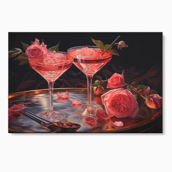 Tablou Canvas Premium, LuxCanva® N1004, Elixirul Pasiunii, Cocktail, Pahare, Bautura, Trandafiri, Petale, Romantic, Delicat, Rasfat, Elegant, Lounge, Bar, Restaurant, Bucatarie