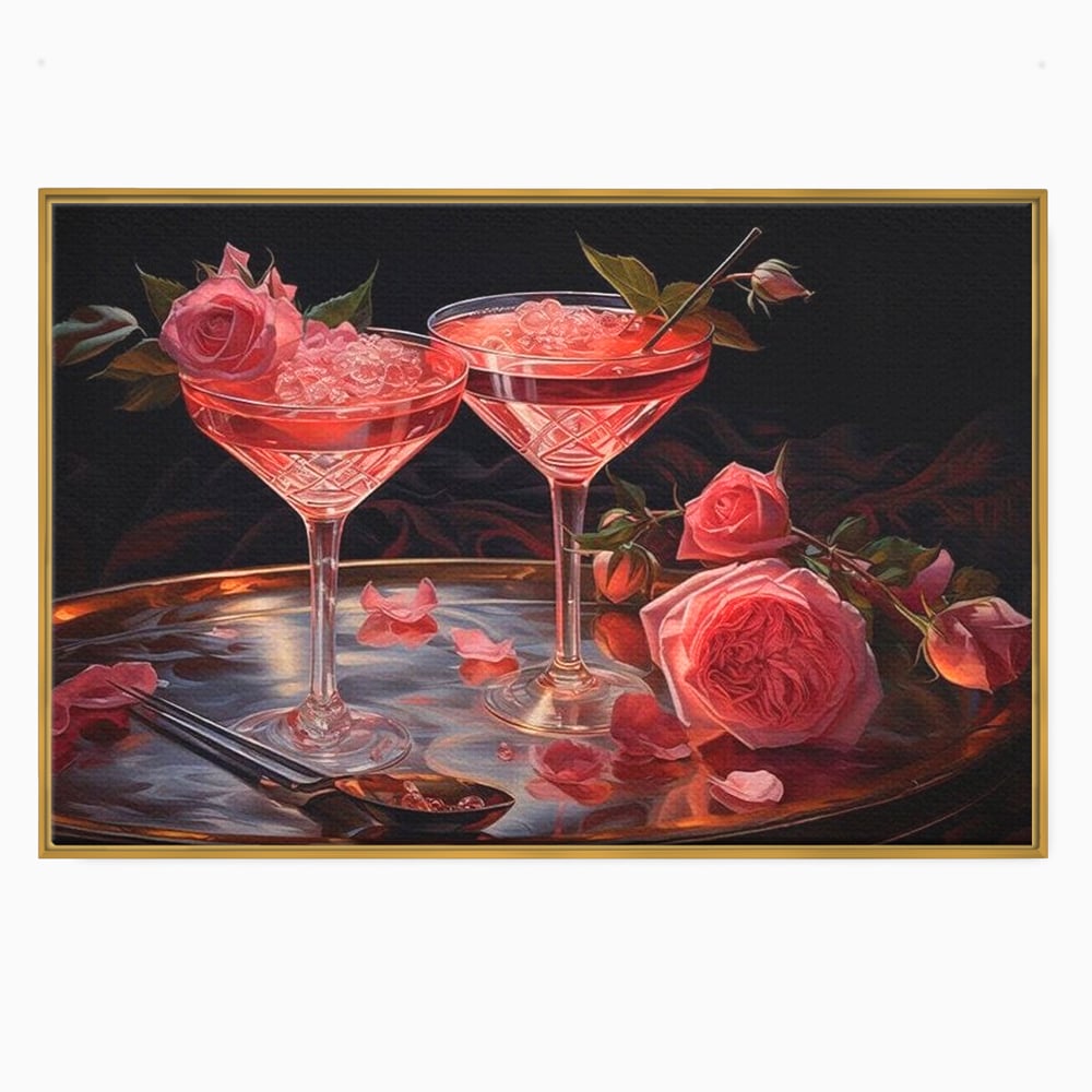 Tablou Canvas Premium, LuxCanva® N1004, Elixirul Pasiunii, Cocktail, Pahare, Bautura, Trandafiri, Petale, Romantic, Delicat, Rasfat, Elegant, Lounge, Bar, Restaurant, Bucatarie
